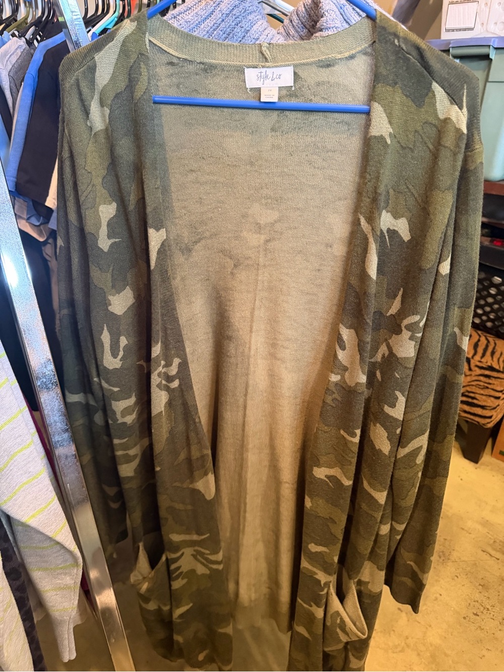 Style & Co. Womens Olive Camo Open-Front Cardigan Sweater